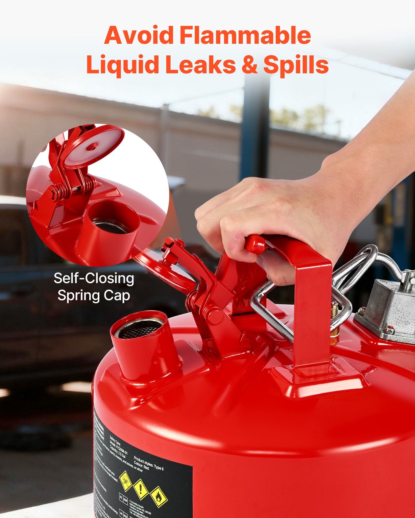 Safety Gas Can, 9.5 L Type II Red Safety Can for Gasoline with Stainless Steel Flame Arrester, Self-Closing Lid, and Flexible Metal Spout, Carbon Steel Flammable Storage with Ergonomic Handle
