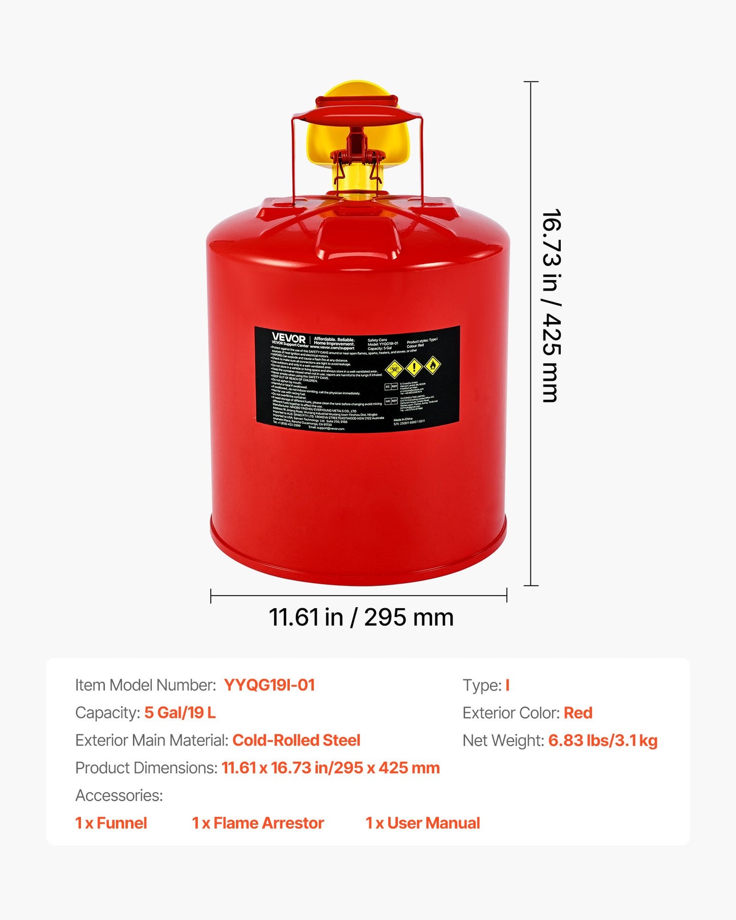 Safety Gas Can, 19 L Type I Red Safety Can for Gasoline with Stainless Steel Flame Arrester