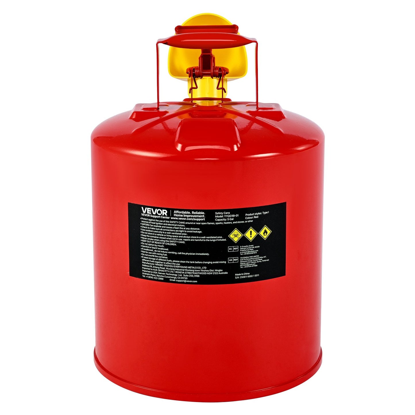 Safety Gas Can, 19 L Type I Red Safety Can for Gasoline with Stainless Steel Flame Arrester