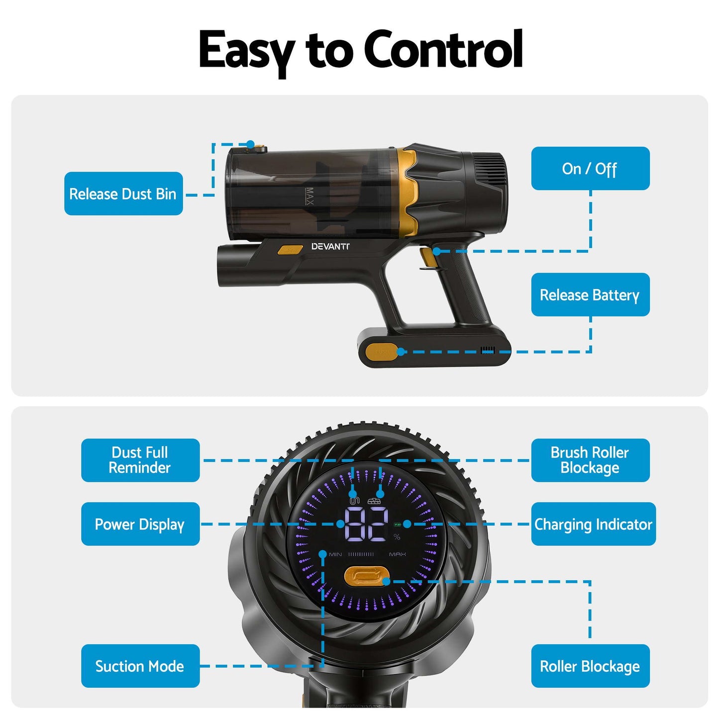 Devanti 30,000Pa Cordless Stick Vacuum - Gold
