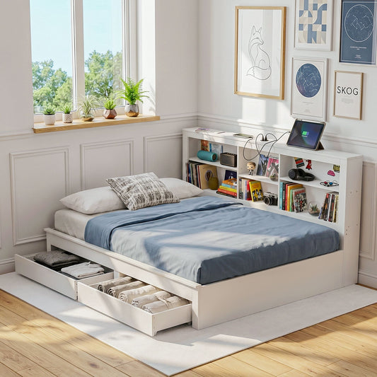Artiss Double Platform Bed Frame with Storage - White