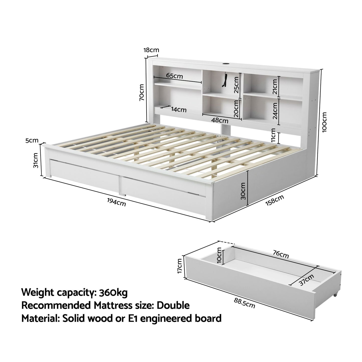 Artiss Double Platform Bed Frame with Storage - White