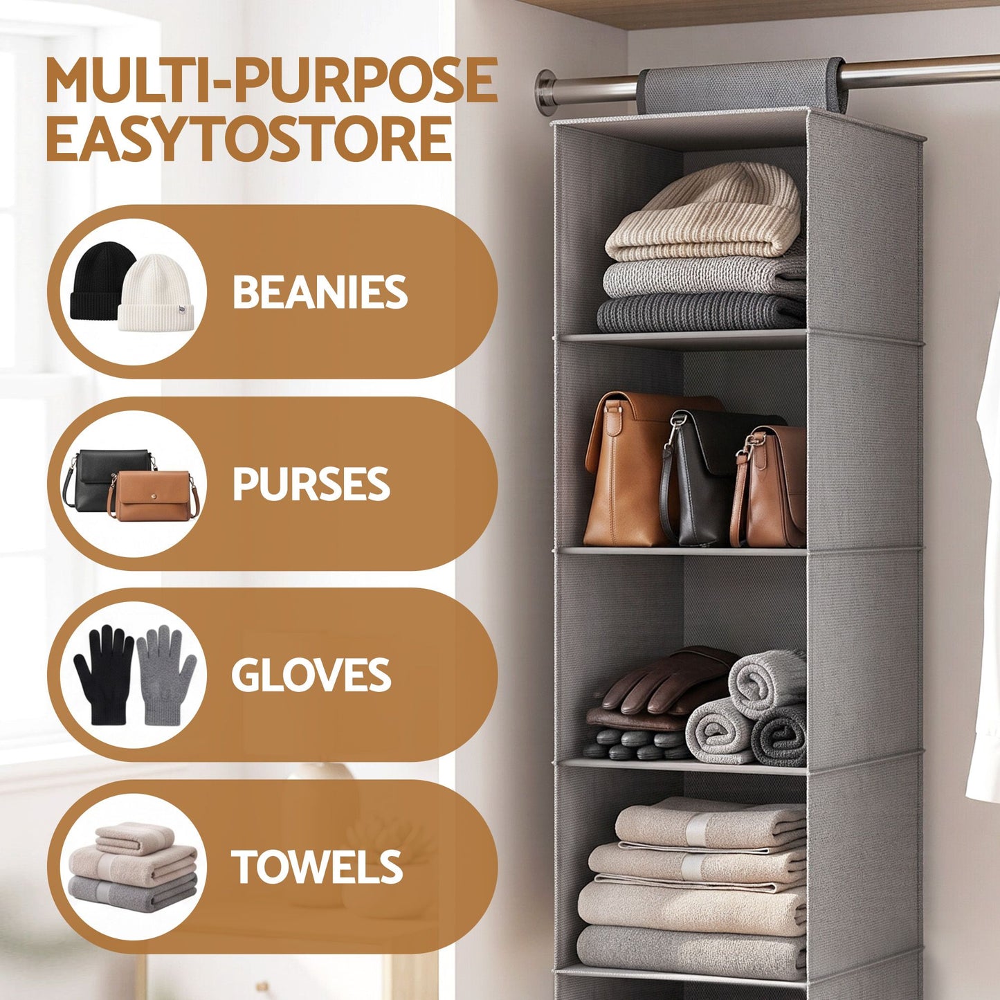 Artiss Hanging Closet Organiser 5 Tier Wardrobe Storage Grey 104cm