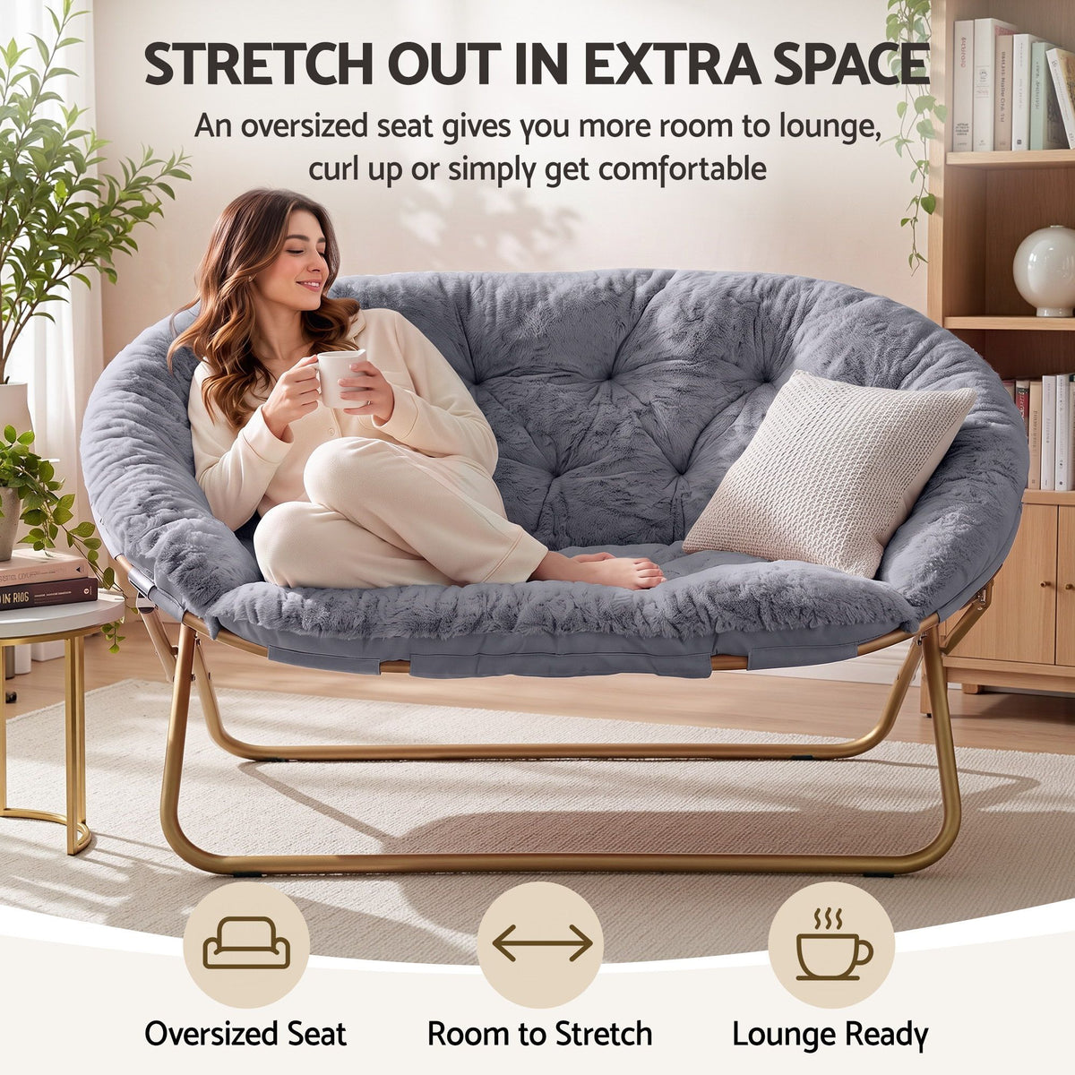 Artiss Double Saucer Chair - Faux Fur - Grey