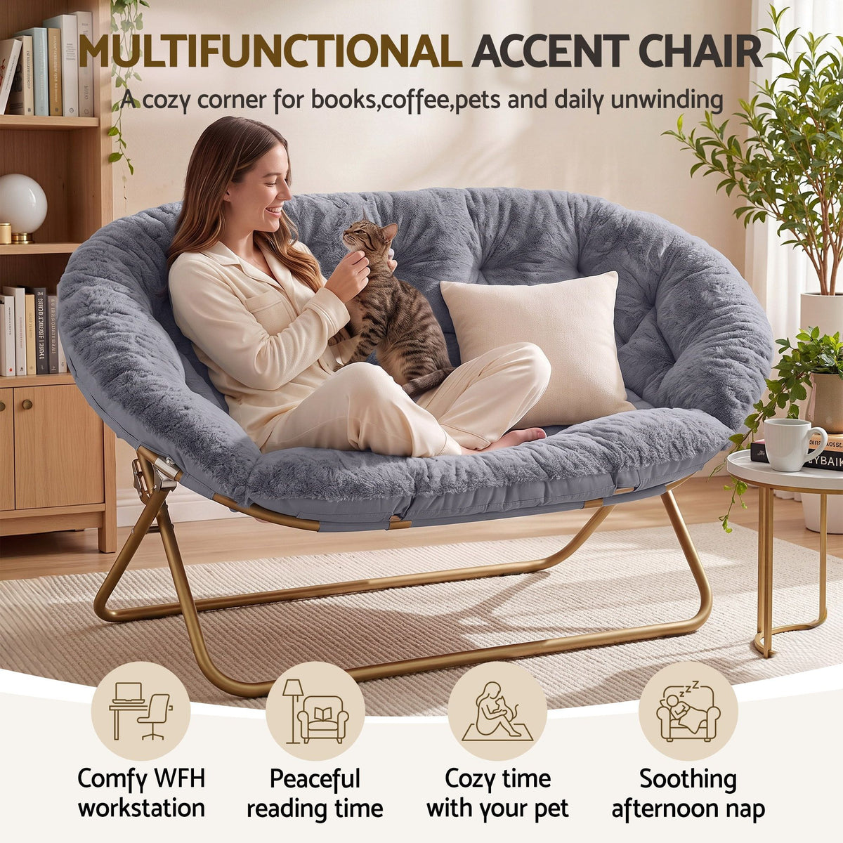 Artiss Double Saucer Chair - Faux Fur - Grey