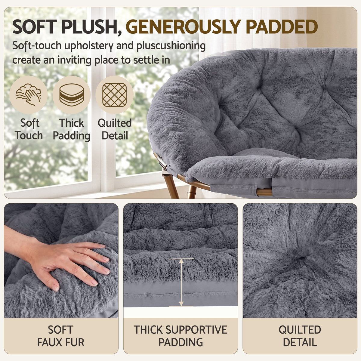 Artiss Double Saucer Chair - Faux Fur - Grey