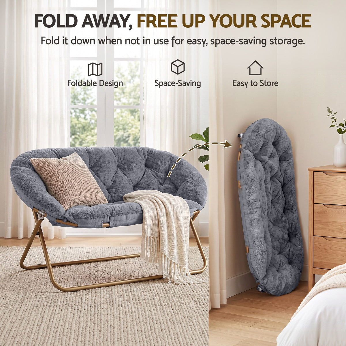 Artiss Double Saucer Chair - Faux Fur - Grey