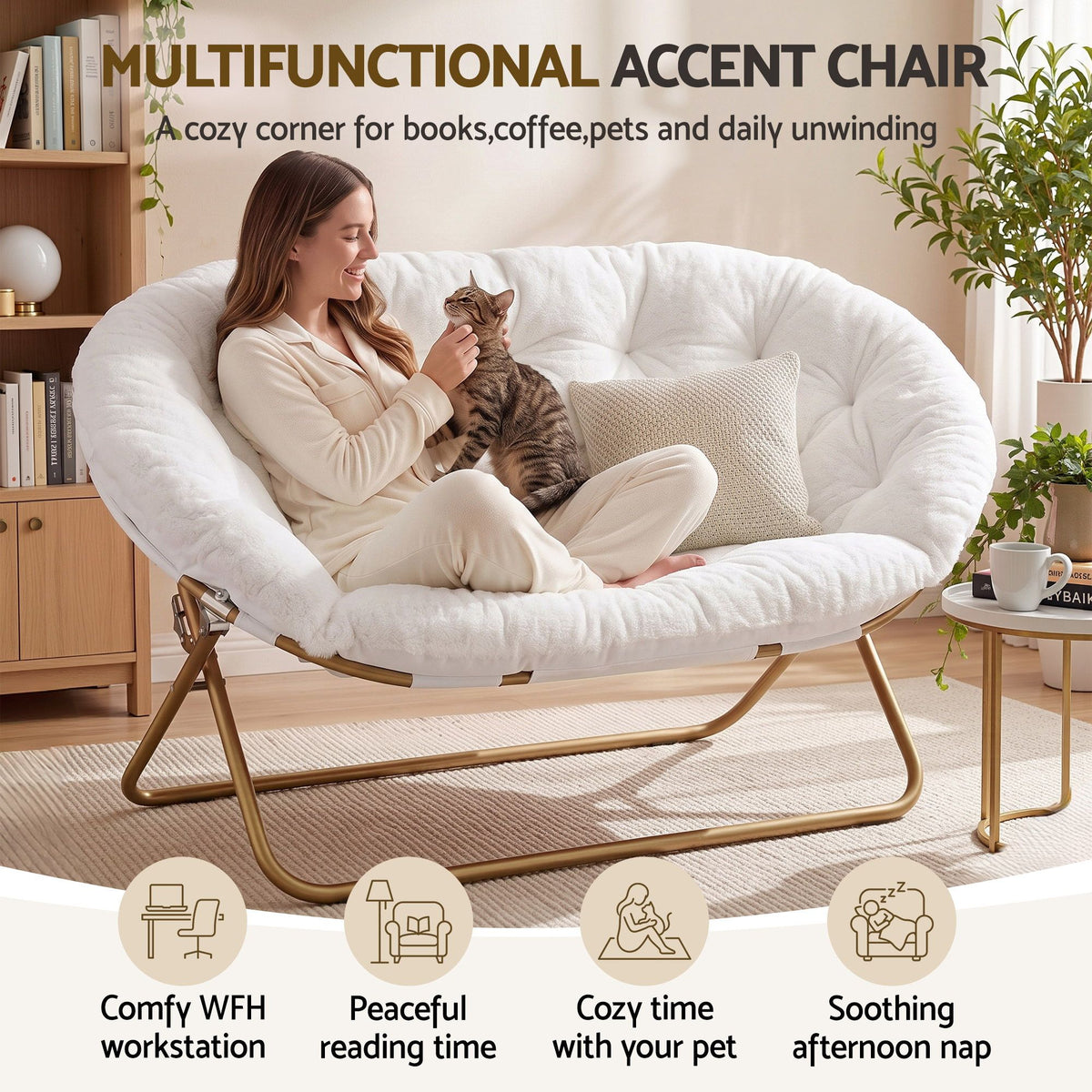 Artiss Double Saucer Chair - Faux Fur - White