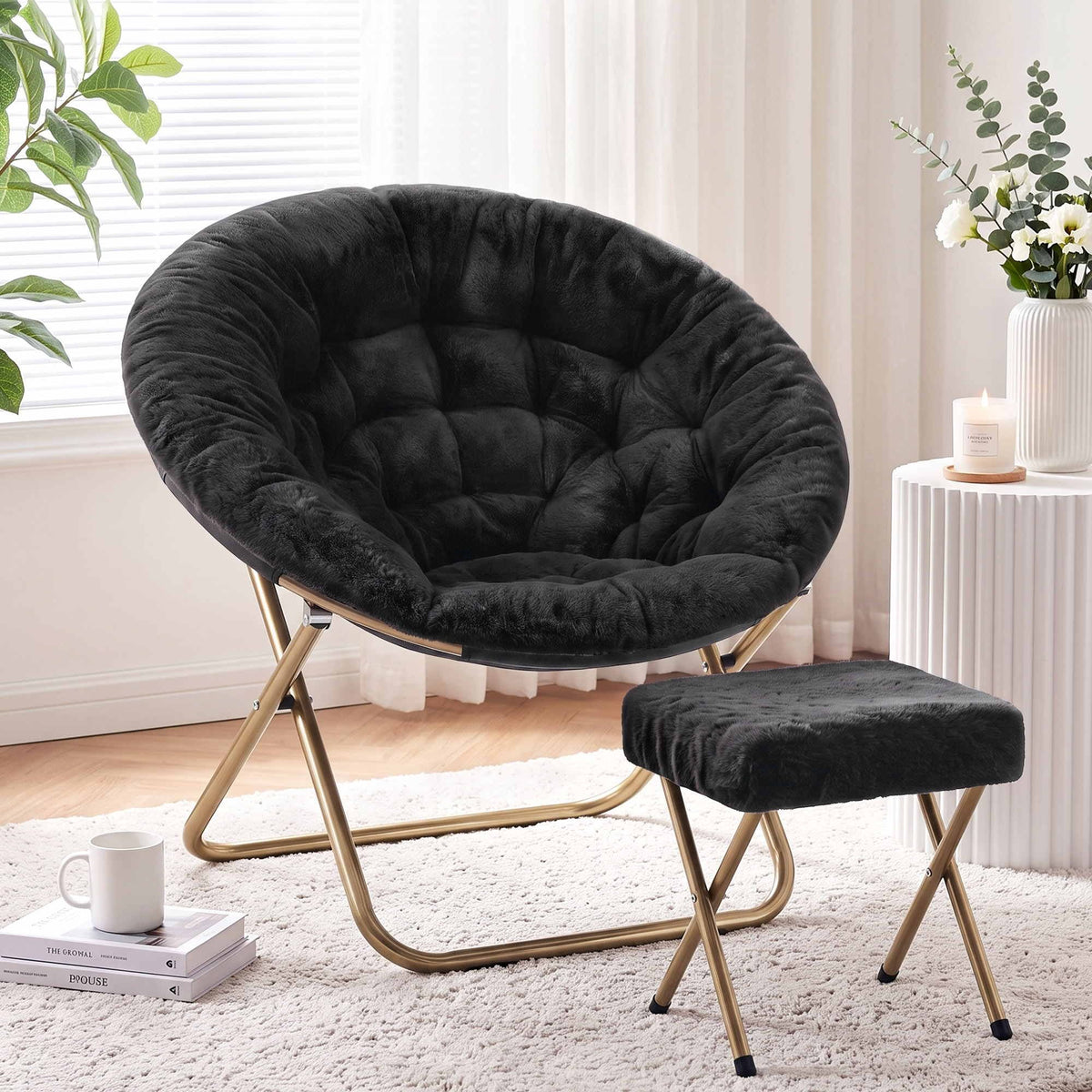 Artiss Faux Fur Saucer Chair with Ottoman - Black