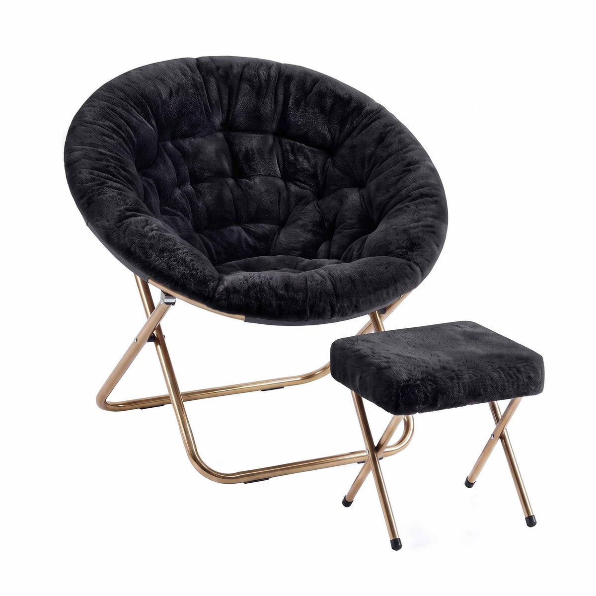 Artiss Faux Fur Saucer Chair with Ottoman - Black