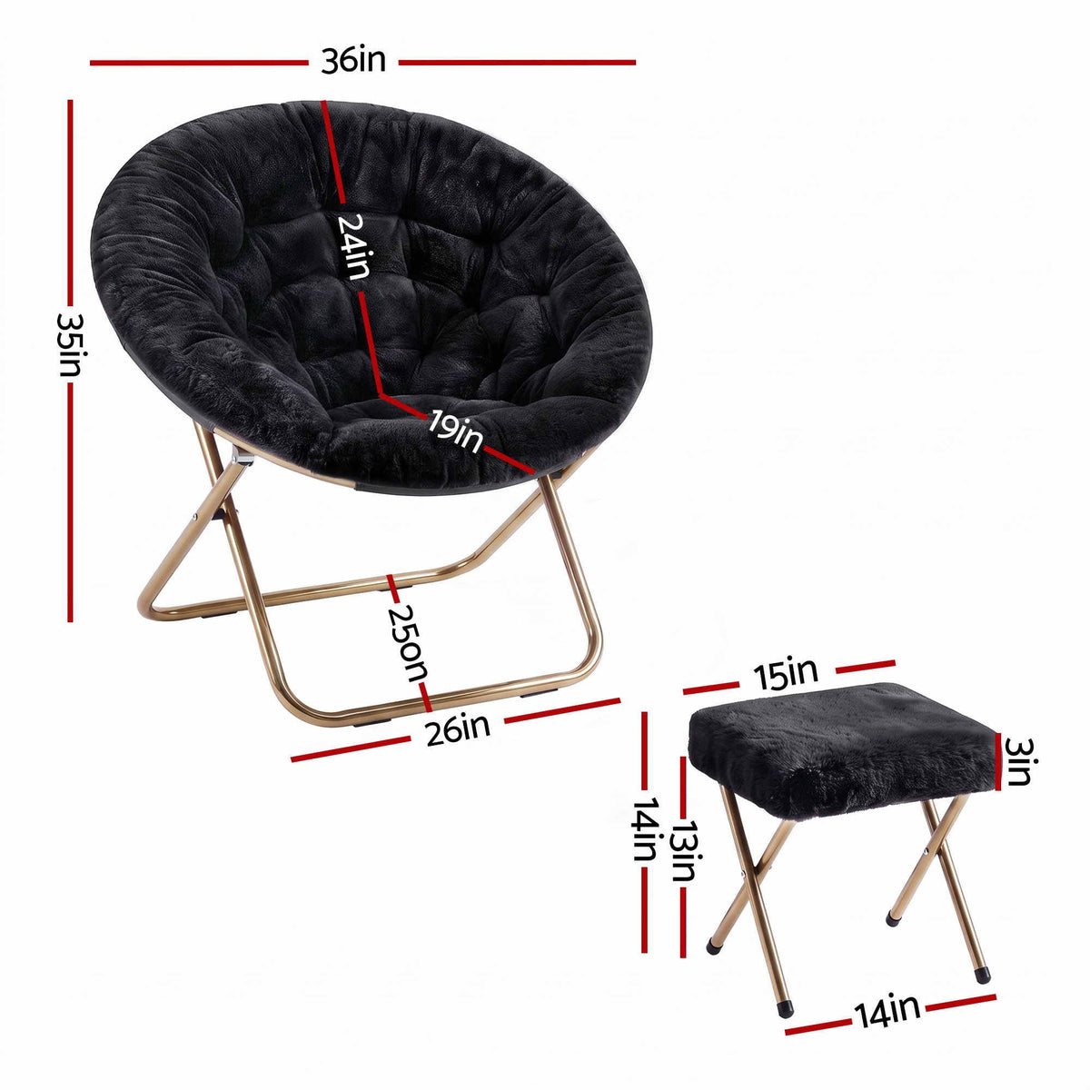 Artiss Faux Fur Saucer Chair with Ottoman - Black