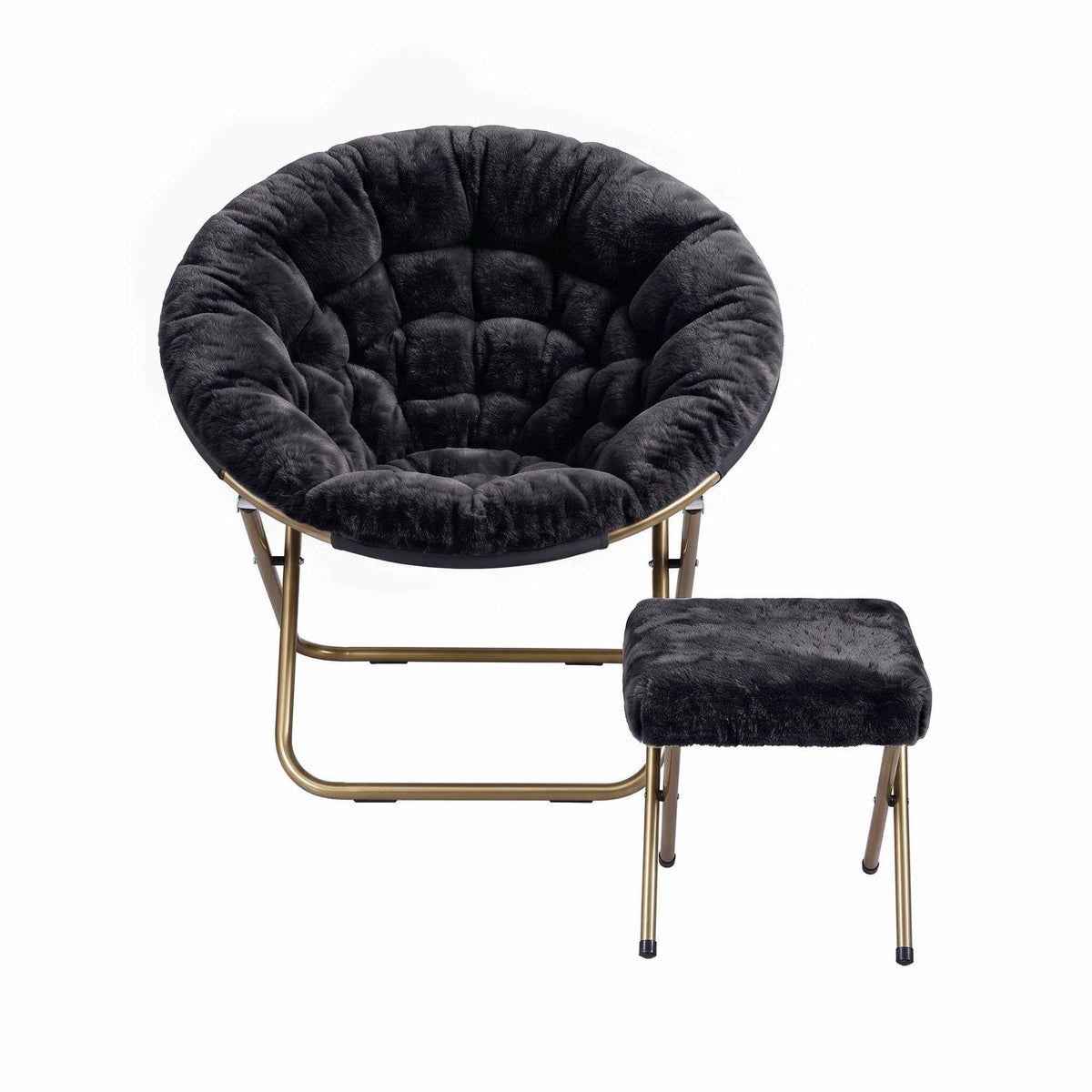 Artiss Faux Fur Saucer Chair with Ottoman - Black