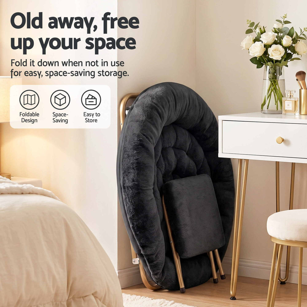 Artiss Faux Fur Saucer Chair with Ottoman - Black