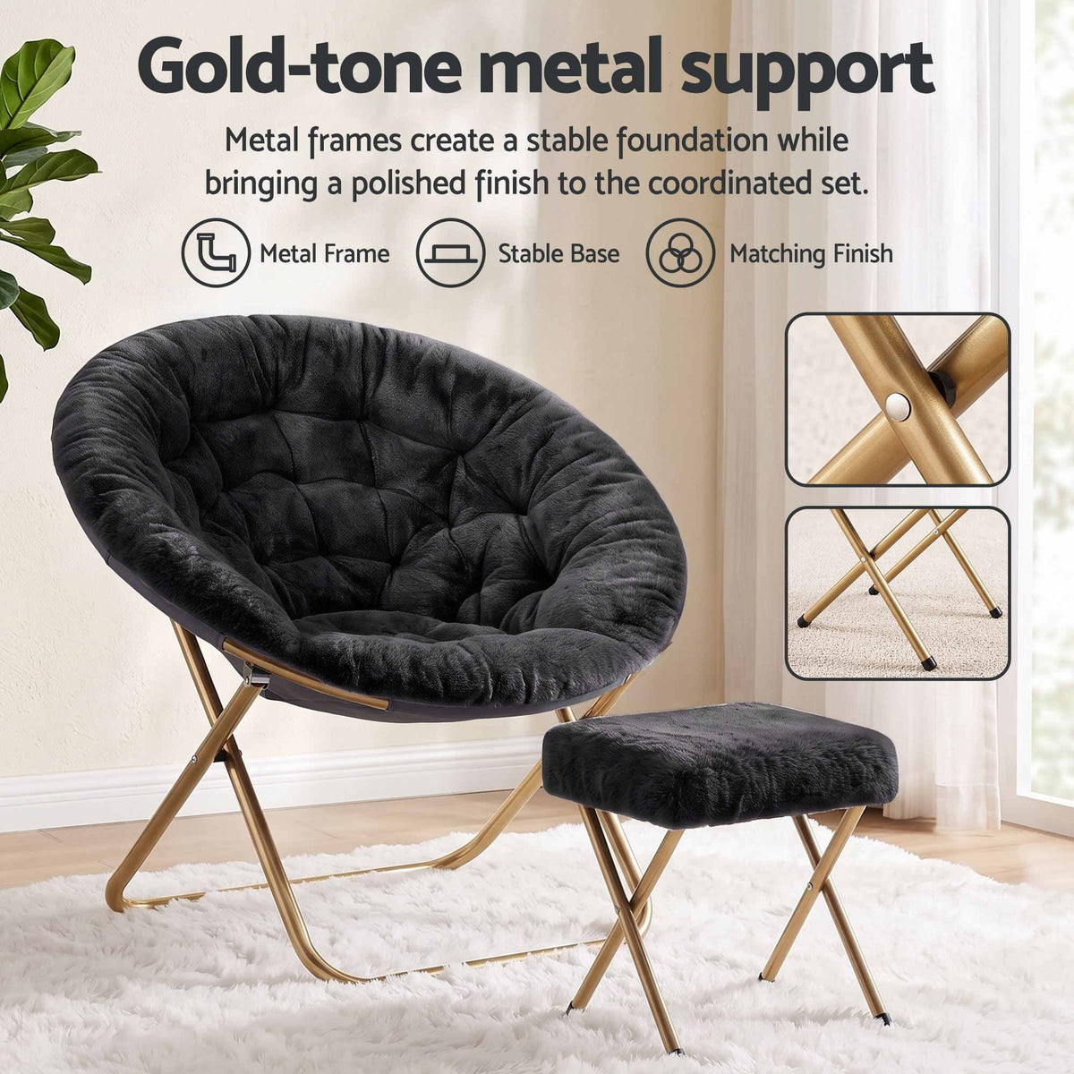 Artiss Faux Fur Saucer Chair with Ottoman - Black