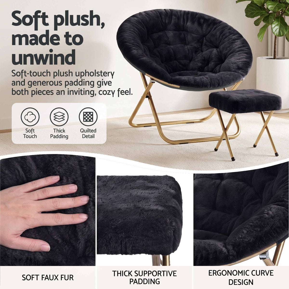 Artiss Faux Fur Saucer Chair with Ottoman - Black