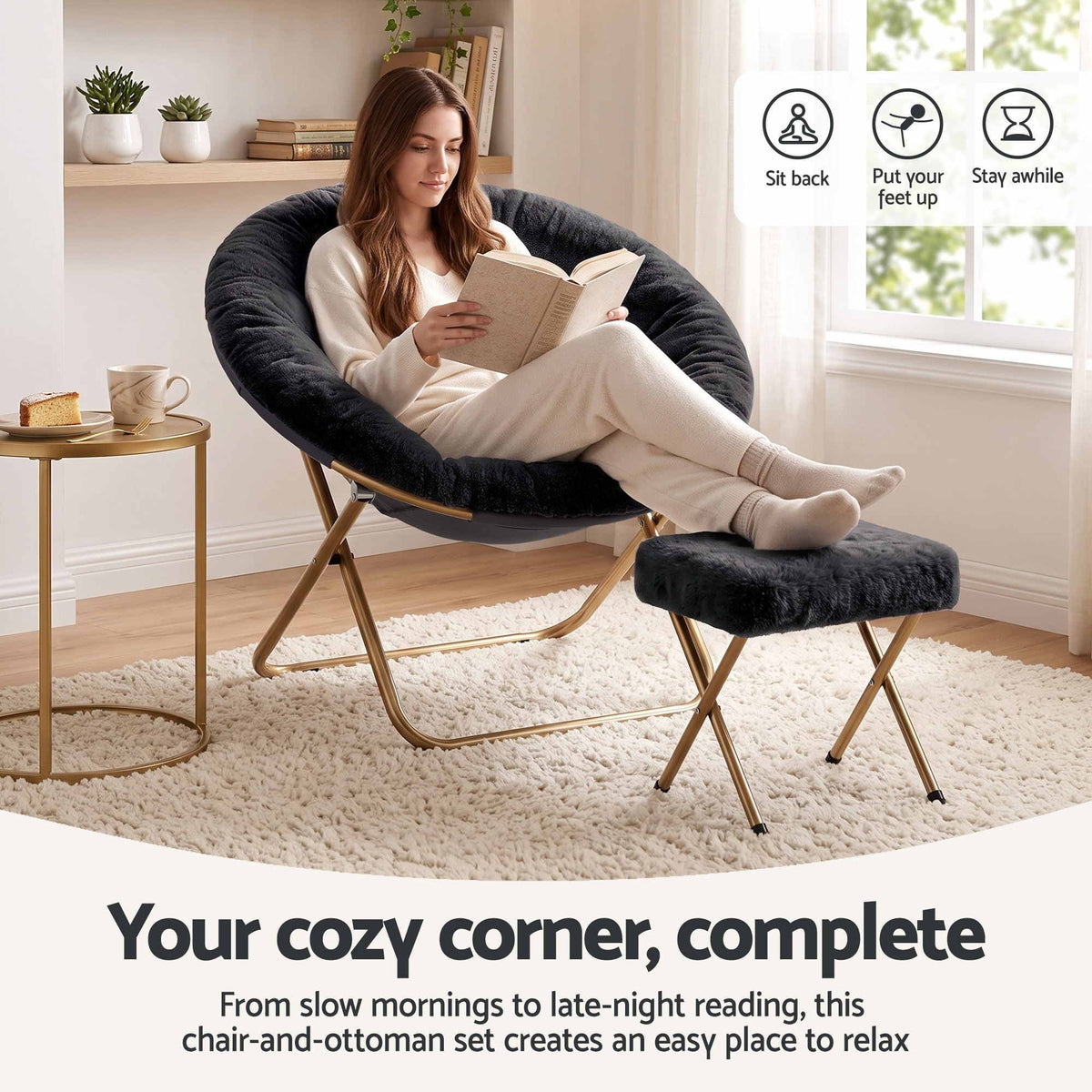Artiss Faux Fur Saucer Chair with Ottoman - Black