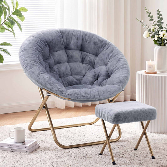 Artiss Faux Fur Saucer Chair with Ottoman - Grey
