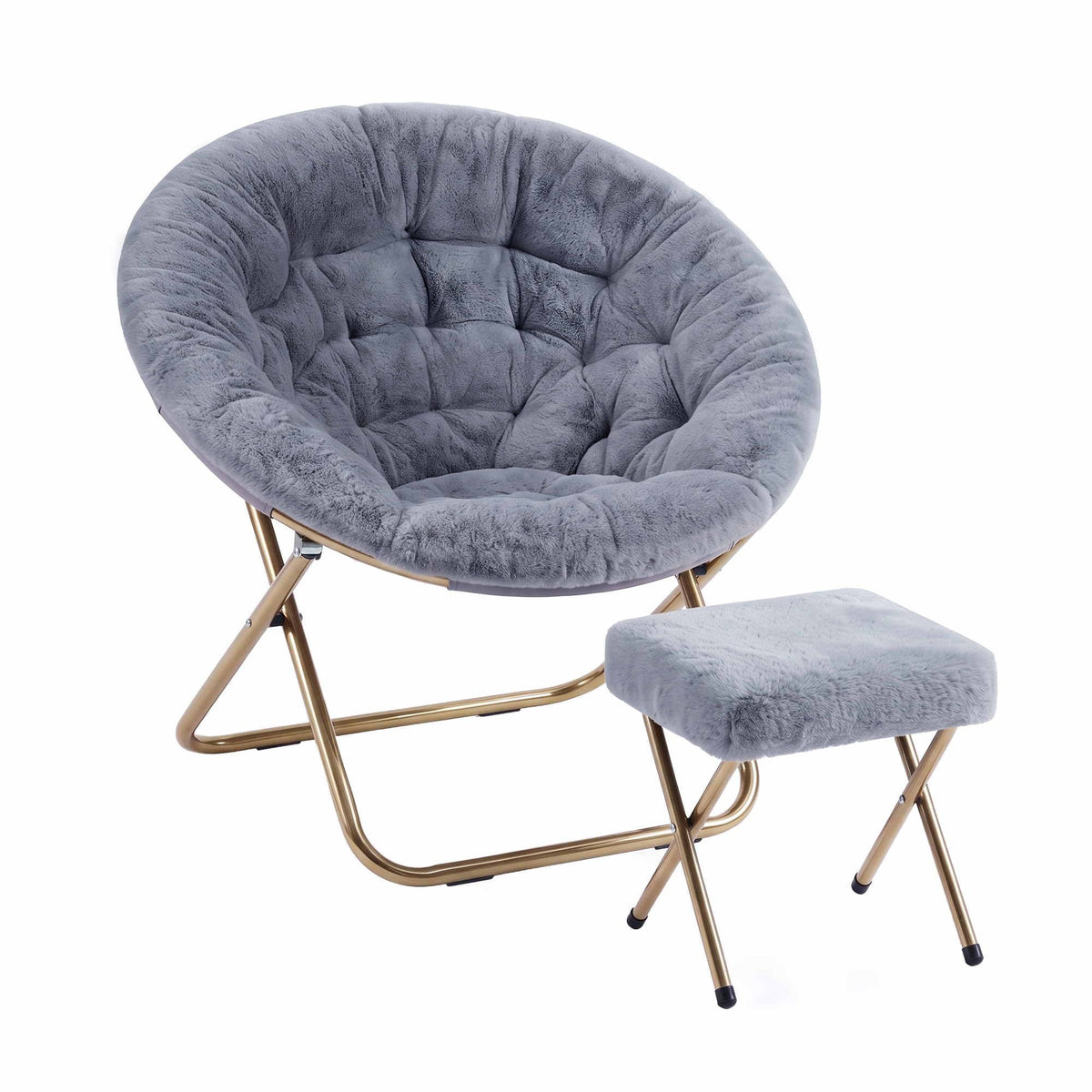 Artiss Faux Fur Saucer Chair with Ottoman - Grey