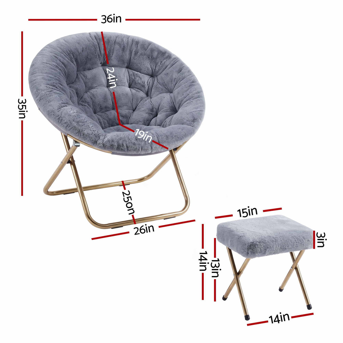 Artiss Faux Fur Saucer Chair with Ottoman - Grey