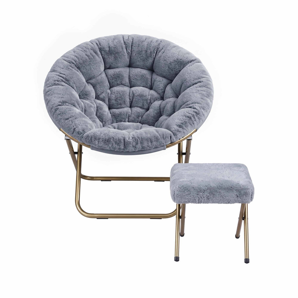 Artiss Faux Fur Saucer Chair with Ottoman - Grey