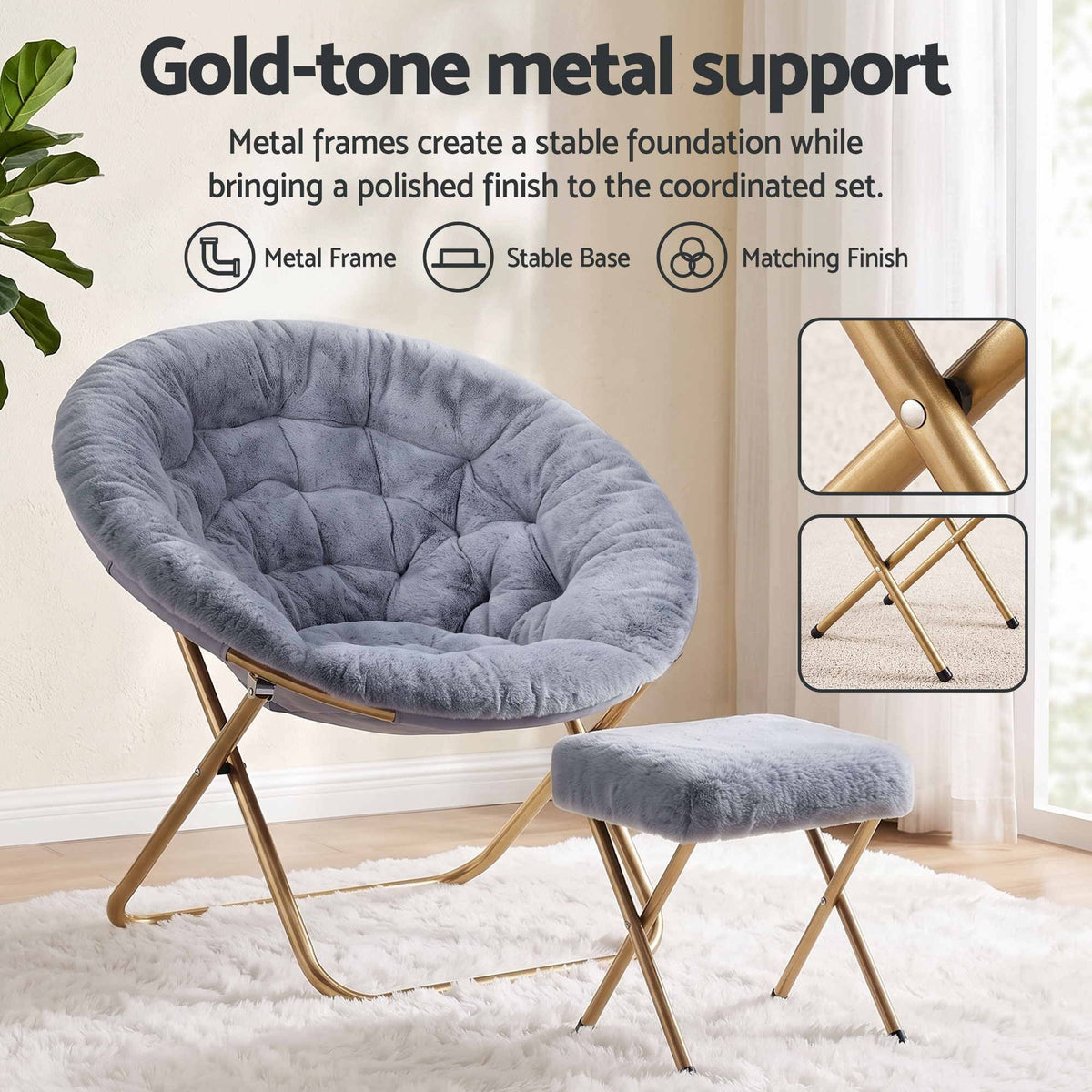 Artiss Faux Fur Saucer Chair with Ottoman - Grey