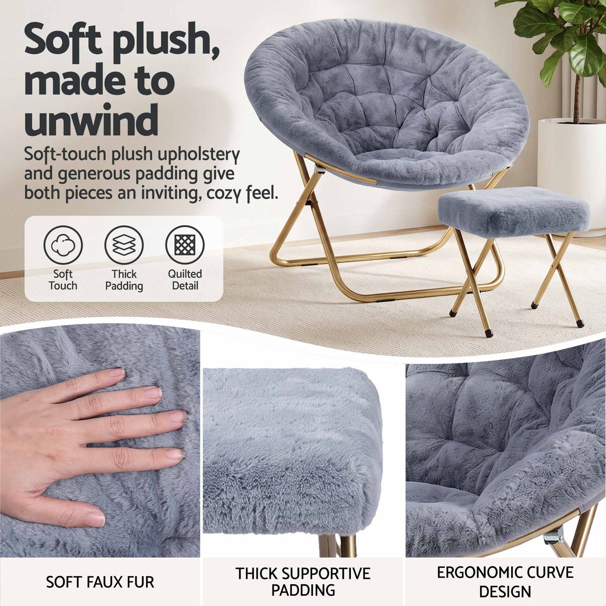 Artiss Faux Fur Saucer Chair with Ottoman - Grey