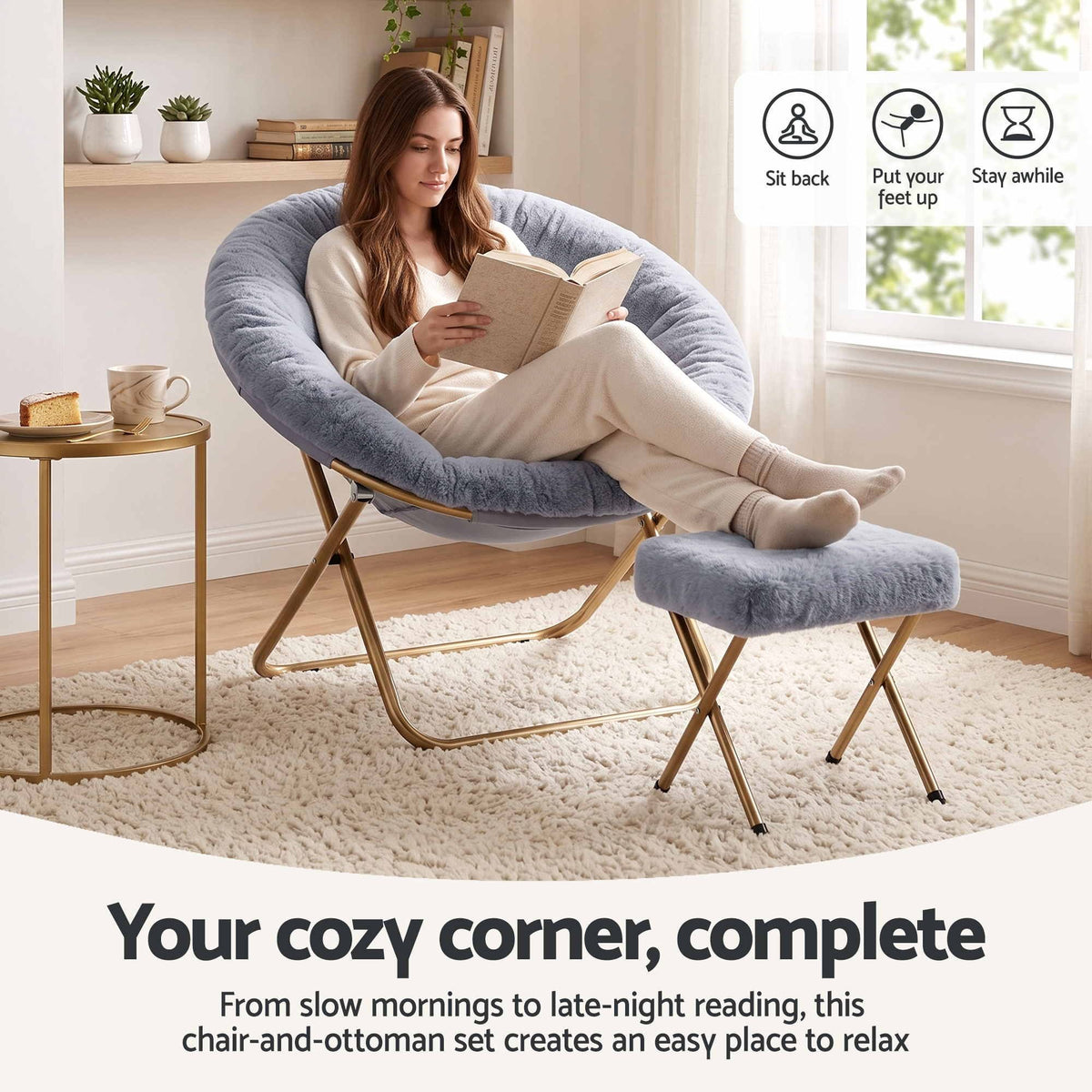 Artiss Faux Fur Saucer Chair with Ottoman - Grey