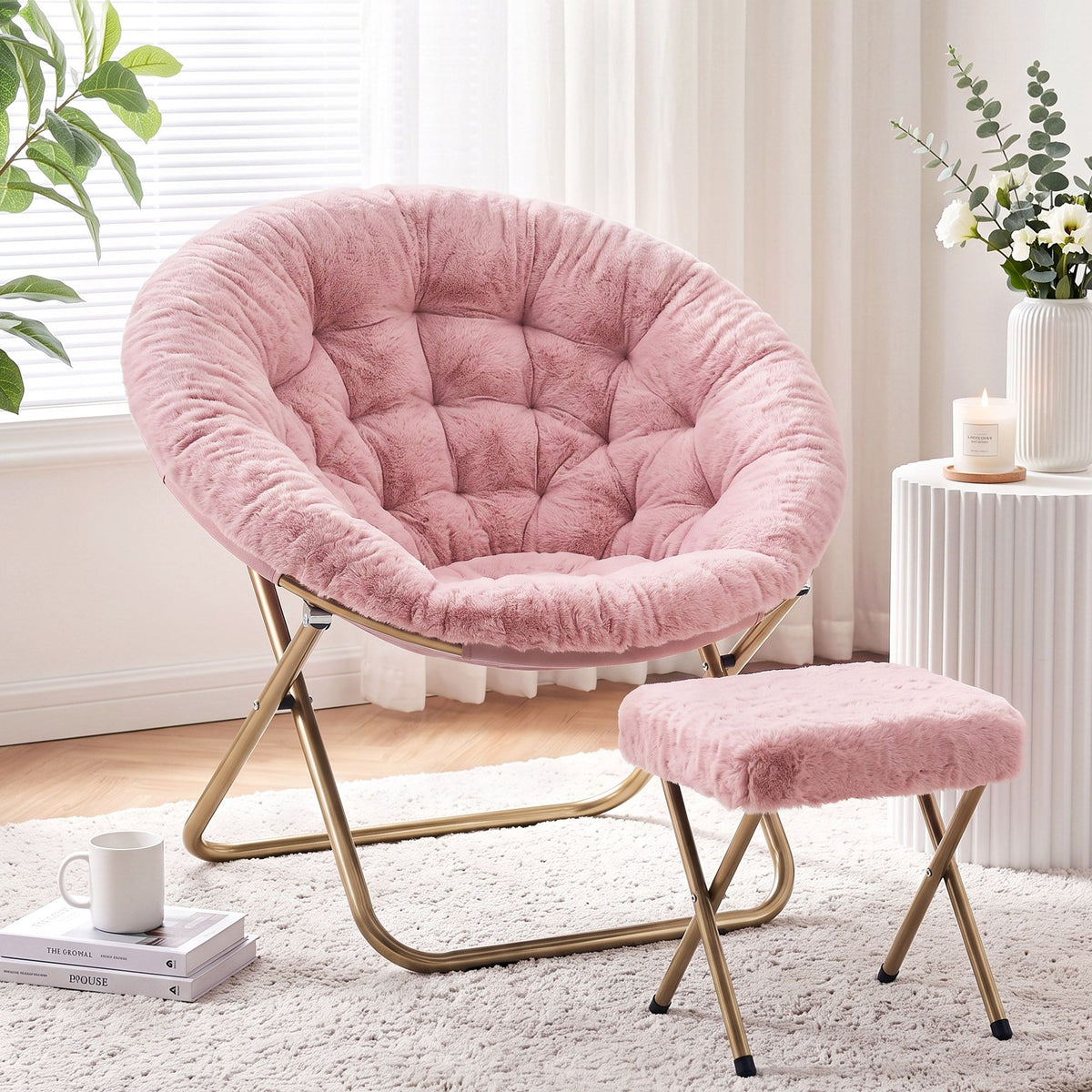 Artiss Faux Fur Saucer Chair with Ottoman - Pink
