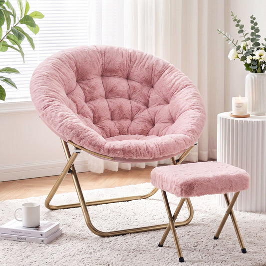 Artiss Faux Fur Saucer Chair with Ottoman - Pink