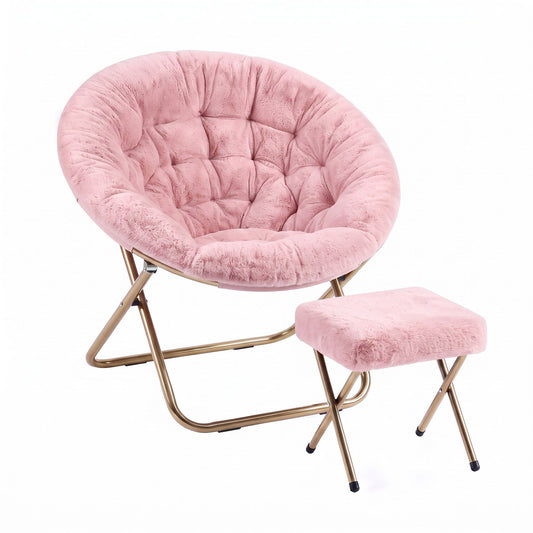 Artiss Faux Fur Saucer Chair with Ottoman - Pink