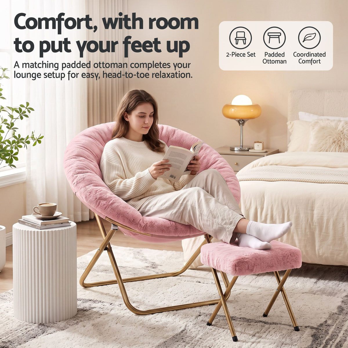 Artiss Faux Fur Saucer Chair with Ottoman - Pink