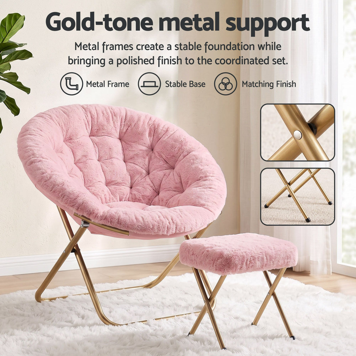 Artiss Faux Fur Saucer Chair with Ottoman - Pink