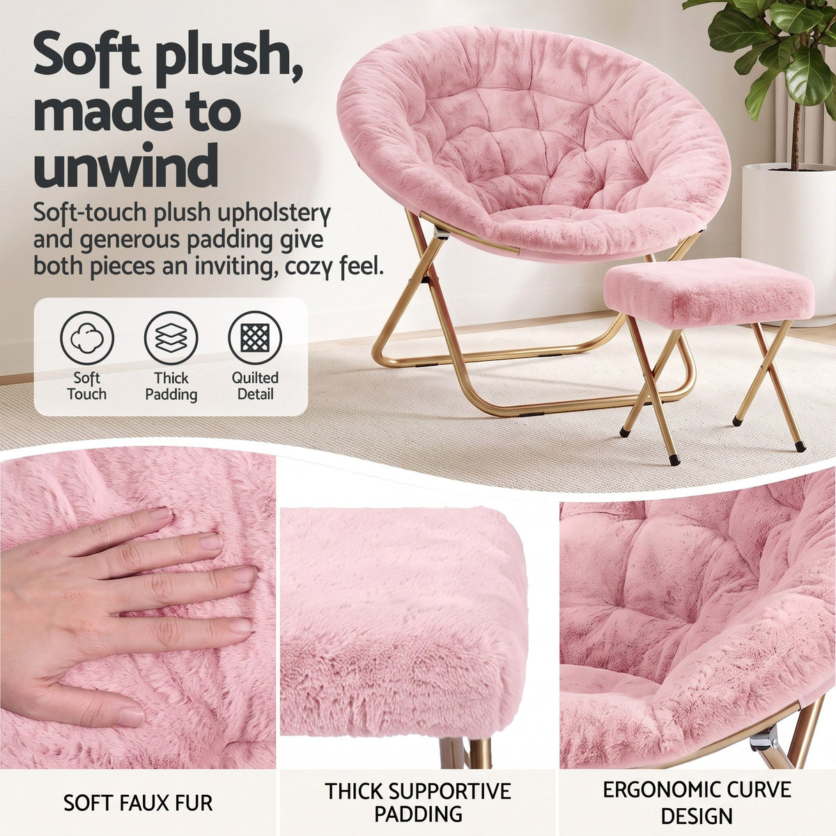 Artiss Faux Fur Saucer Chair with Ottoman - Pink