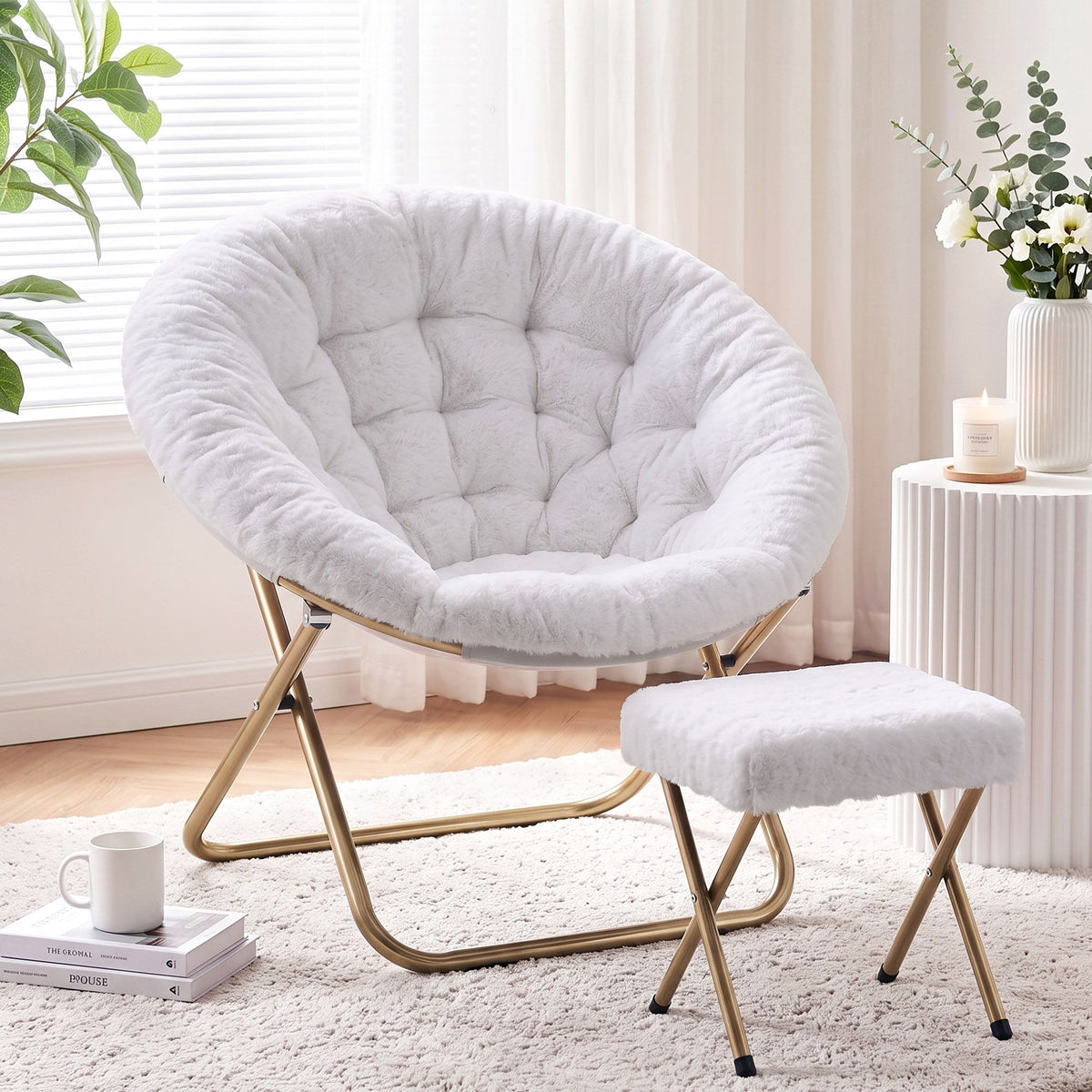 Artiss Faux Fur Saucer Chair with Ottoman - White