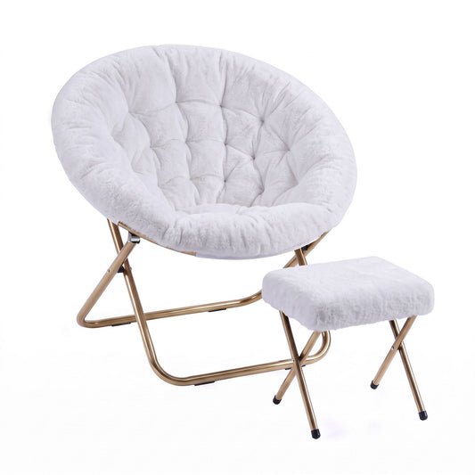 Artiss Faux Fur Saucer Chair with Ottoman - White