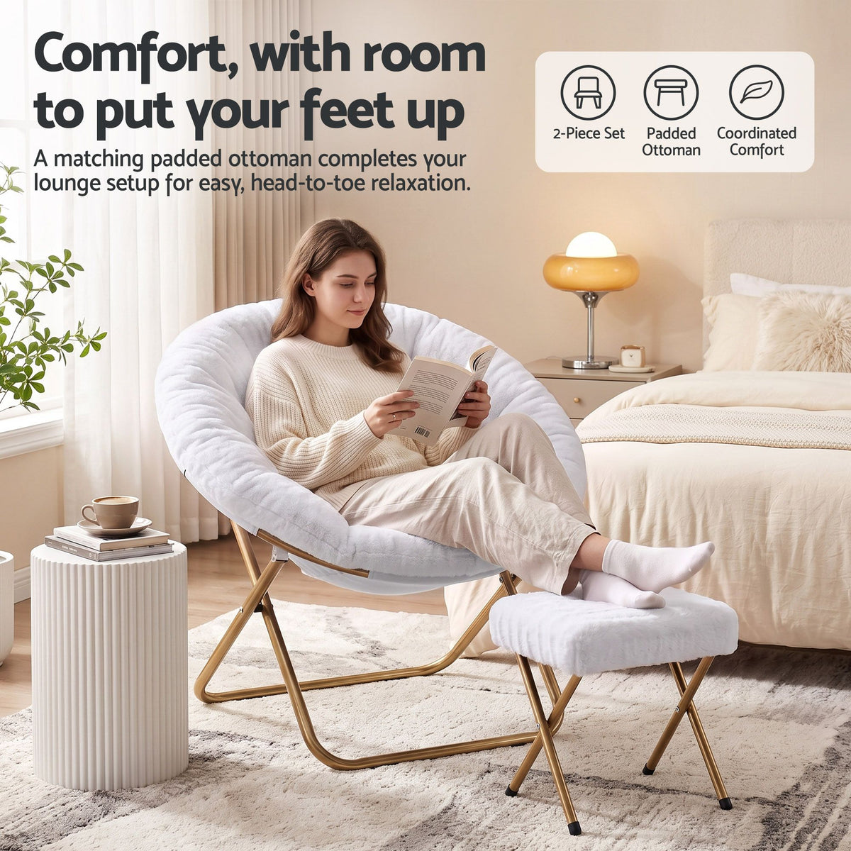 Artiss Faux Fur Saucer Chair with Ottoman - White