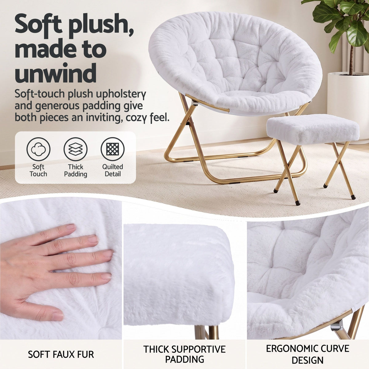 Artiss Faux Fur Saucer Chair with Ottoman - White