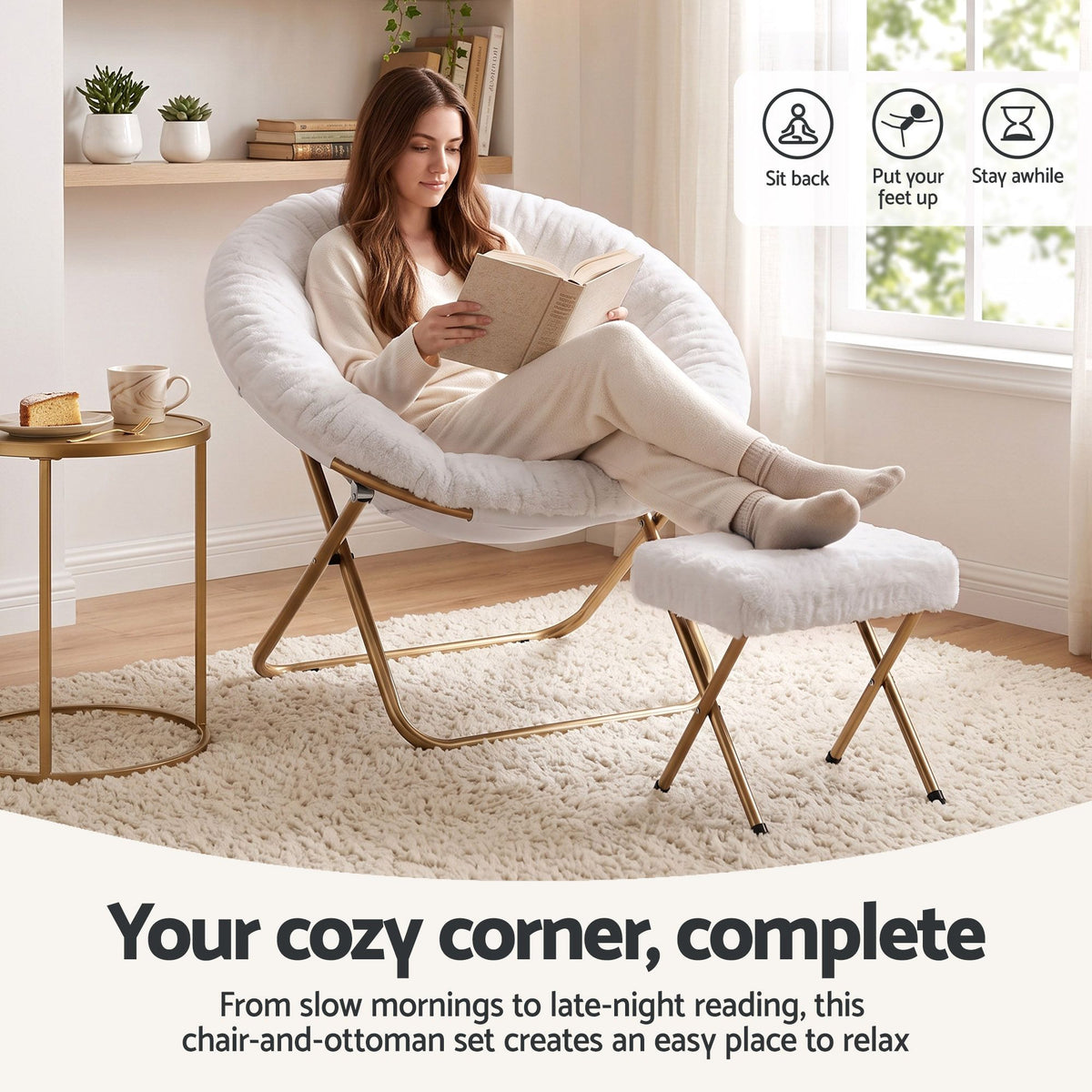 Artiss Faux Fur Saucer Chair with Ottoman - White