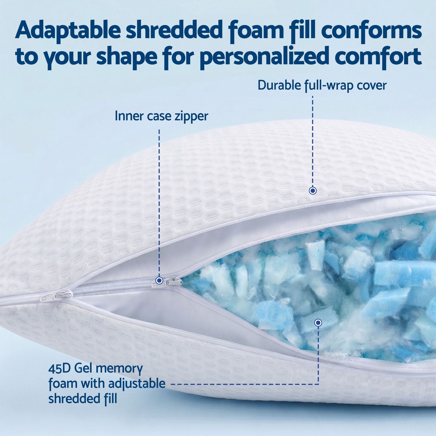 RoomSense Adjustable Shredded Gel Memory Foam Pillow - 72 x 50 x 15cm