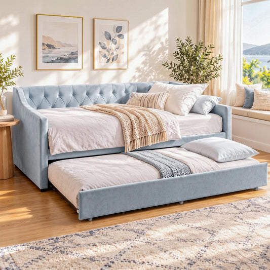 Artiss King Single Buttonless Tufted Daybed with Trundle - Light Blue