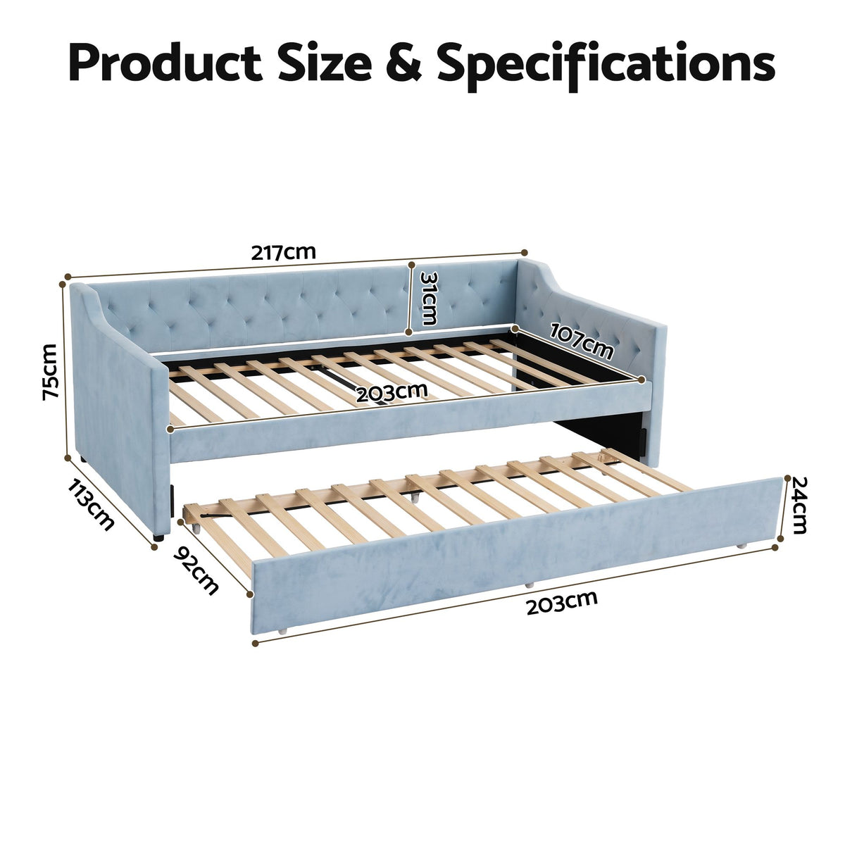 Artiss King Single Buttonless Tufted Daybed with Trundle - Light Blue