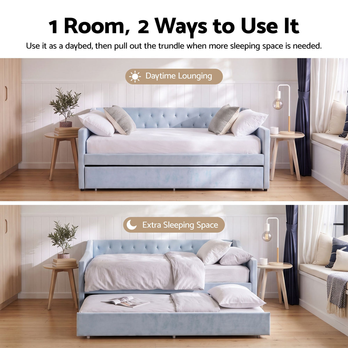 Artiss King Single Buttonless Tufted Daybed with Trundle - Light Blue