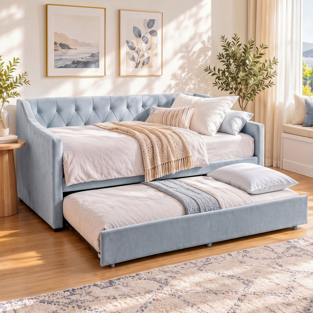 Artiss Single Buttonless Tufted Daybed with Trundle - Blue