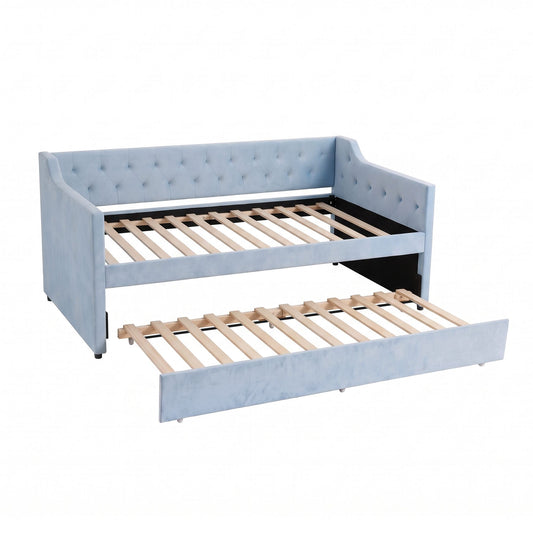 Artiss Single Buttonless Tufted Daybed with Trundle - Blue