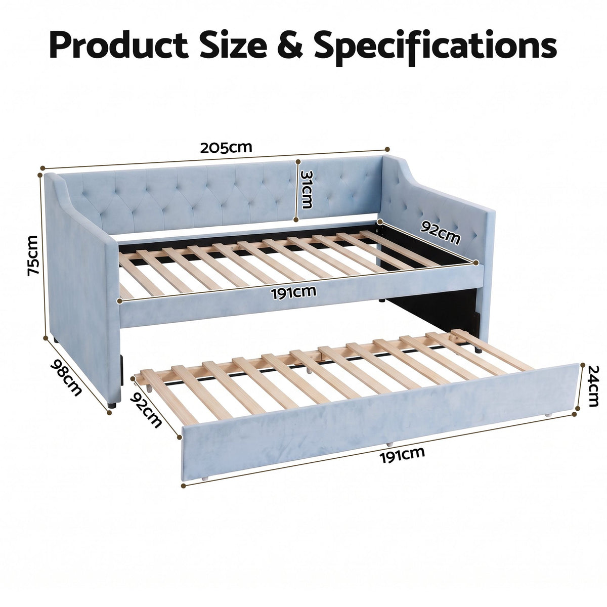Artiss Single Buttonless Tufted Daybed with Trundle - Blue