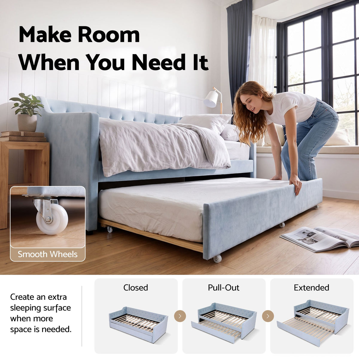 Artiss Single Buttonless Tufted Daybed with Trundle - Blue