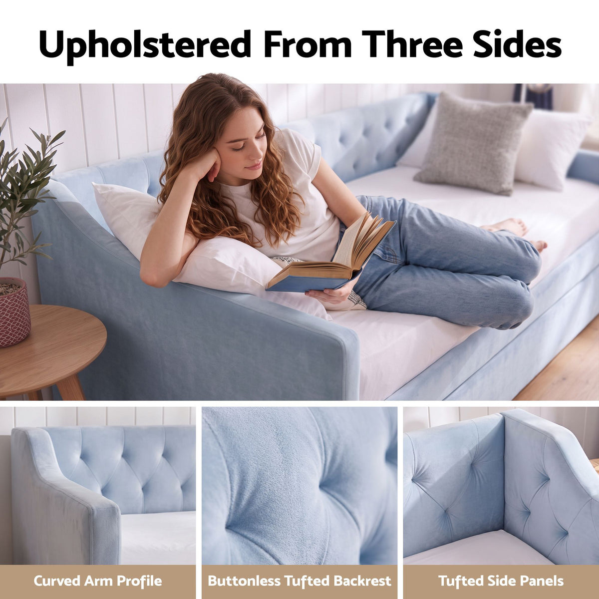 Artiss Single Buttonless Tufted Daybed with Trundle - Blue