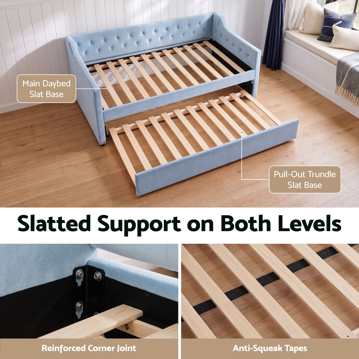 Artiss Single Buttonless Tufted Daybed with Trundle - Blue
