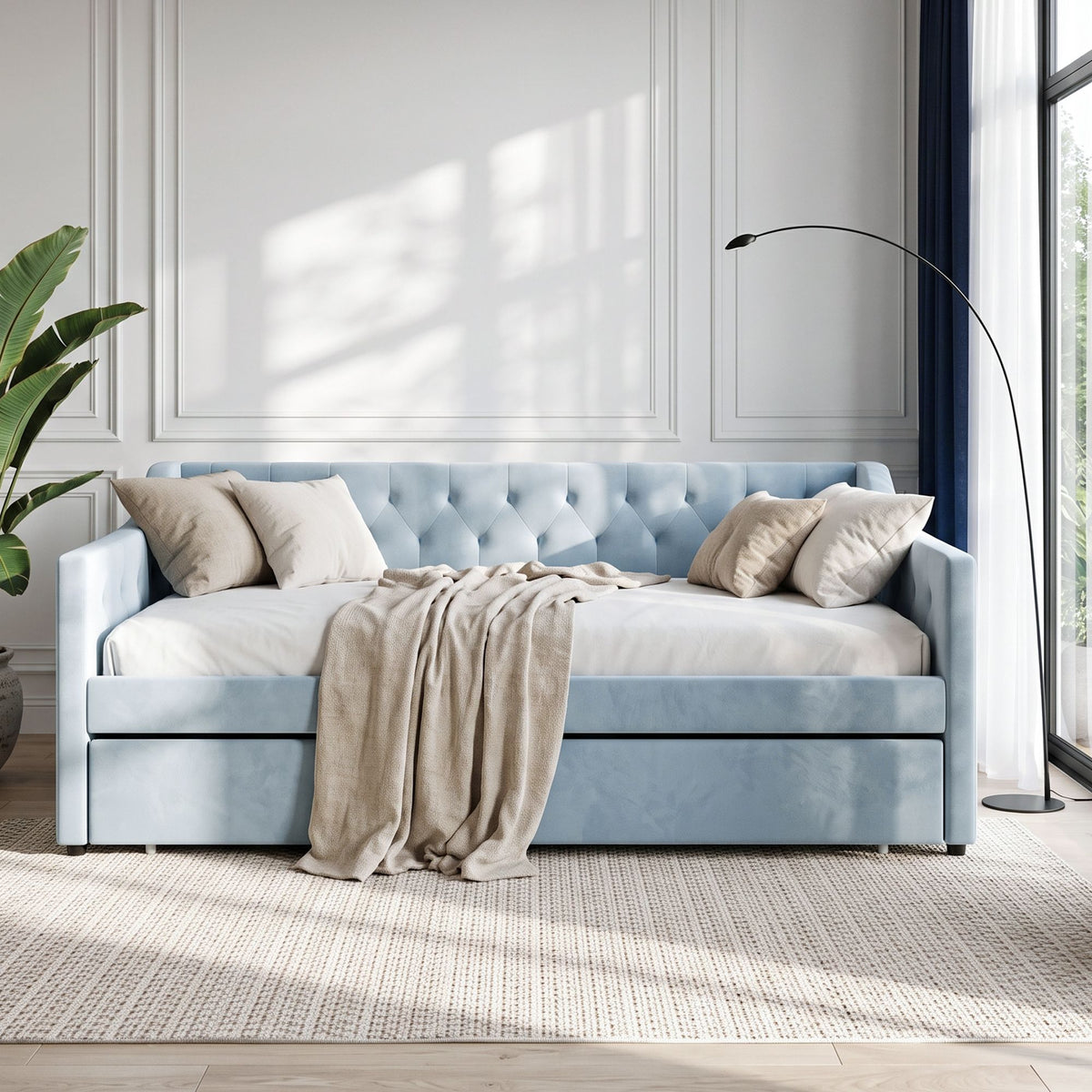 Artiss Single Buttonless Tufted Daybed with Trundle - Blue