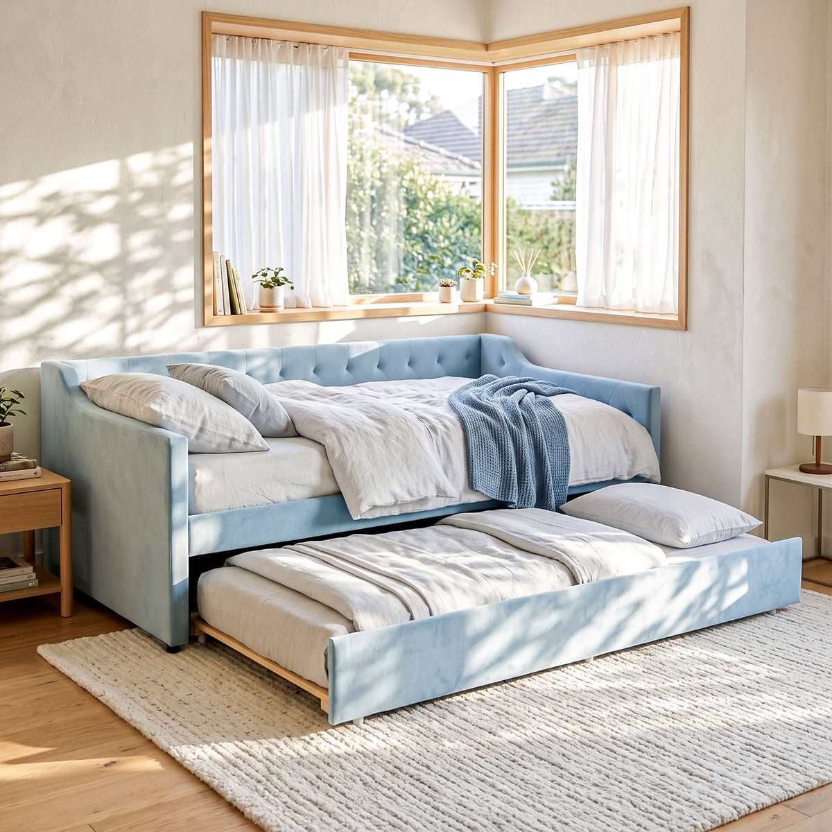Artiss Single Buttonless Tufted Daybed with Trundle - Blue